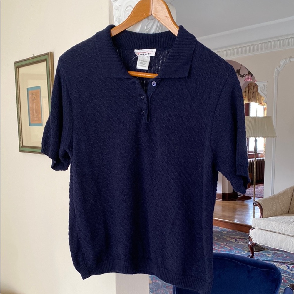 Talbots Navy Blue Polo Woven Design 50% Cotton 50% Rayon Short Sleeve Sweater L